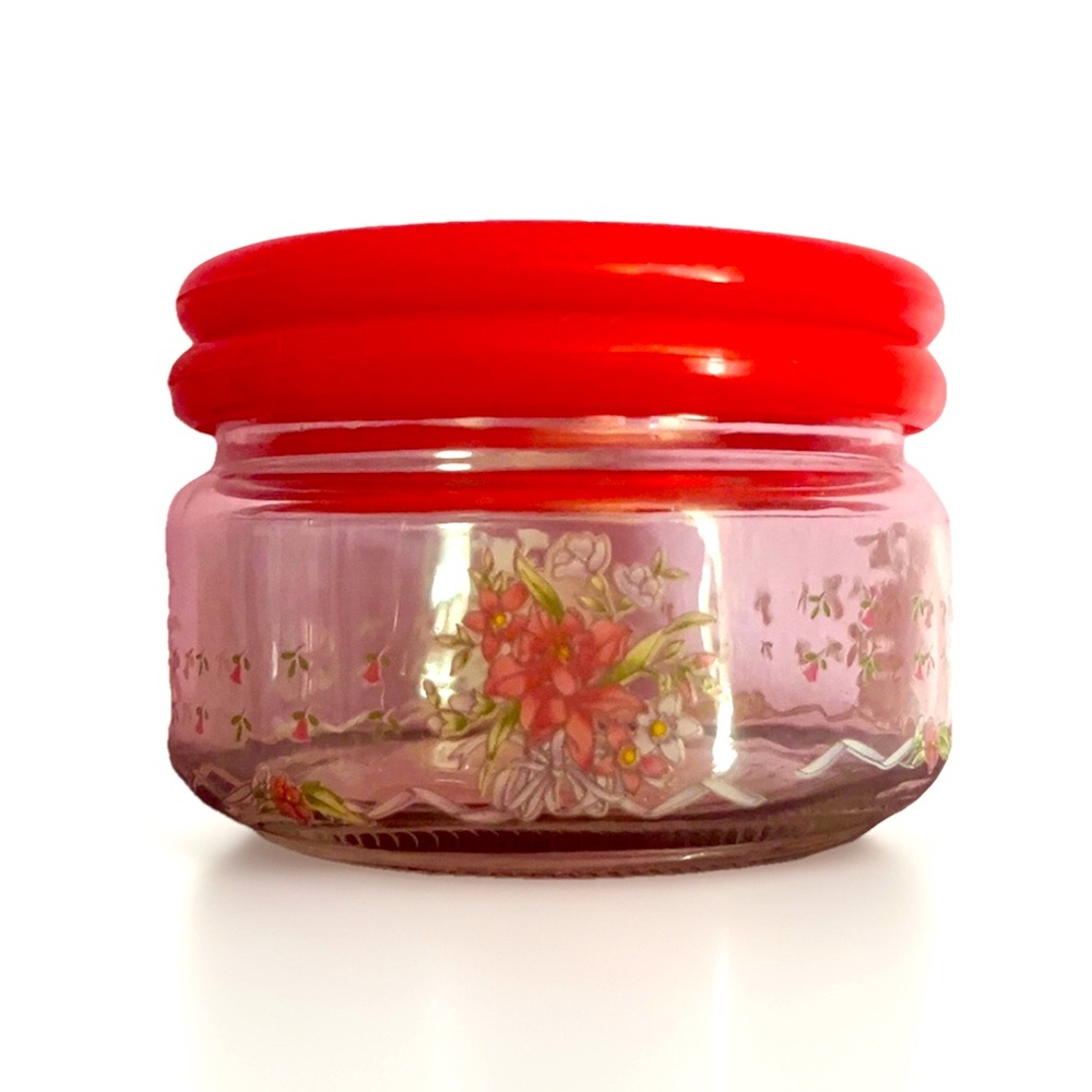 Vintage KIG Floral Glass Jar with Red Lid
